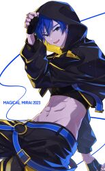 Rule 34 | 1boy, absurdres, adjusting hood, arm up, black gloves, blue eyes, blue hair, fingerless gloves, gloves, highres, hood, hood up, hooded jacket, jacket, kaito (vocaloid), long sleeves, looking at viewer, magical mirai kaito, male focus, midriff, navel, open mouth, parang 99, short hair, solo, translation request, vocaloid, white background