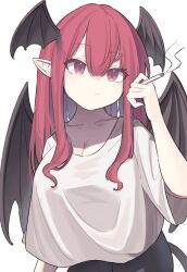 Rule 34 | 1girl, black skirt, black wings, breasts, cigarette, cleavage, closed mouth, garasuno, hair between eyes, head wings, highres, holding, holding cigarette, koakuma, large breasts, long hair, pointy ears, red eyes, red hair, shirt, short sleeves, simple background, skirt, solo, touhou, upper body, white background, white shirt, wings