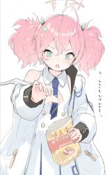 Rule 34 | 1girl, :o, ahoge, bag, bag of chips, blue archive, blue necktie, chips (food), collared dress, commentary request, dress, food, green eyes, hair ornament, hairclip, halo, highres, holding, holding bag, holding food, horns, jacket, long sleeves, momoka (blue archive), necktie, off shoulder, open clothes, open jacket, parted lips, pink hair, potato chips, puffy long sleeves, puffy sleeves, ripu (lipi), simple background, sleeveless, sleeveless dress, solo, translation request, twintails, white background, white dress, white jacket
