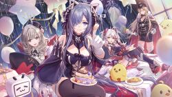 Rule 34 | 4girls, antenna hair, august von parseval (azur lane), azur lane, bare shoulders, bismarck (azur lane), black gloves, black thighhighs, blonde hair, blue eyes, breasts, brown eyes, cake, cleavage, closed mouth, collar, commentary, cross-laced clothes, csyday, detached sleeves, eating, food, frilled collar, frills, gloves, grey hair, hand on own hip, hat, highres, holding, holding plate, indoors, large breasts, luetzow (azur lane), manjuu (azur lane), military hat, military uniform, multicolored hair, multiple girls, open mouth, plate, pointing, pointing at viewer, prinz eugen (azur lane), purple hair, red gloves, smile, streaked hair, symbol-only commentary, thighhighs, tongue, tongue out, two-tone gloves, uniform, white gloves, wide sleeves, yellow eyes