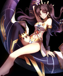 Rule 34 | 1girl, arm support, arm up, armlet, asymmetrical legwear, asymmetrical sleeves, bad anatomy, bad leg, bare arms, bare legs, bare shoulders, black background, black detached sleeves, black hair, black ribbon, black thighhighs, breasts, cleavage, clothing cutout, crown, detached sleeves, earrings, fate/grand order, fate (series), female focus, floating hair, gem, hair ribbon, highres, hoop earrings, ishtar (fate), jewelry, knee up, leaning, leaning back, legs, long hair, looking at viewer, medium breasts, navel, navel cutout, neck, neck ring, parted lips, pelvic curtain, red eyes, revealing clothes, ribbon, shigure s, single sleeve, single thighhigh, sitting, smile, solo, strapless, thighhighs, thighlet, tohsaka rin, two side up, type-moon, uneven legwear, uneven sleeves