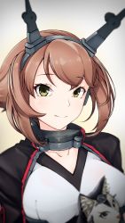 Rule 34 | 1girl, animal, animalization, black jacket, breasts, brown hair, cat, closed mouth, collar, collarbone, commentary request, flipped hair, gradient background, green eyes, headgear, highres, holding, holding animal, jacket, kantai collection, large breasts, looking at viewer, metal collar, mochimochi omochi, mutsu (kancolle), nagato (kancolle), short hair, simple background, smile, solo, upper body, white background
