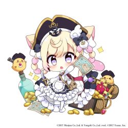 Rule 34 | &gt; &lt;, 1girl, anchor hair ornament, animal ears, apron, azur lane, blonde hair, cat, cat ears, cat girl, cat tail, character request, chibi, coin, copyright notice, drake (meowfficer) (azur lane), dress, frilled apron, frilled dress, frills, gem, gold coin, hair ornament, hat, holding, holding map, holding sword, holding weapon, looking at viewer, manjuu (azur lane), map, meowfficer (azur lane), muuran, pirate hat, purple eyes, red gemstone, solo, sword, tail, treasure chest, weapon, white apron, white dress