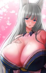 Rule 34 | 1girl, absurdres, alternate breast size, animal ear fluff, animal ears, azur lane, blue eyes, blush, breasts, cherry blossoms, cleavage, detached collar, eyebrows hidden by hair, fox ears, fox girl, hand on own chest, highres, hisin, huge breasts, japanese clothes, kimono, long hair, looking at viewer, pink background, revealing clothes, shinano (azur lane), simple background, solo, white hair