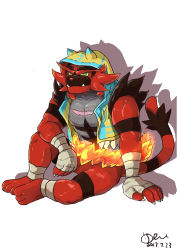 Rule 34 | absurdres, ankle wrap, claws, closed mouth, clothed pokemon, colored sclera, commentary request, creatures (company), fangs, fangs out, game freak, gen 7 pokemon, green eyes, green vest, highres, hood, hood up, hooded vest, hoodie, incineroar, mowang yu, nintendo, open clothes, open vest, pokemon, pokemon (creature), sitting, solo, toes, vest, wrist wrap, yellow sclera