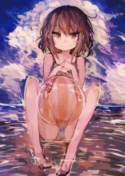 Rule 34 | 1girl, absurdres, ball, beachball, bikini, brown eyes, brown hair, fang, hair ornament, hairclip, hands on own chest, highres, ikazuchi (kancolle), kaamin (mariarose753), kantai collection, legs, looking at viewer, navel, short hair, sitting, sky, smile, solo, swimsuit, water