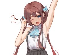 Rule 34 | 1girl, alternate sleeve length, arm up, armpits, asagumo (kancolle), ascot, blue ascot, brown hair, grey eyes, grey skirt, hair ribbon, kantai collection, long hair, looking at viewer, nuno (pppompon), one eye closed, pleated skirt, ribbon, shirt, simple background, skirt, sleeveless, sleeveless shirt, solo, suspender skirt, suspenders, twintails, upper body, white background, white shirt, yawning