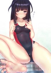 Rule 34 | 1girl, agatsuma kaede, alice gear aegis, barefoot, bathtub, black eyes, black hair, black one-piece swimsuit, breasts, collarbone, commentary request, competition swimsuit, covered navel, feet out of frame, long hair, one-piece swimsuit, simple background, sitting, small breasts, soles, solo, swimsuit, translation request, water, white background, yui hiroshi