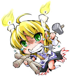 Rule 34 | 1girl, arm warmers, blonde hair, candle, clenched teeth, green eyes, hammer, mizuhashi parsee, mouth hold, nail, sash, scarf, shinapuu, shirt, simple background, skirt, solo, straw doll, tears, teeth, touhou, ushi no koku mairi, voodoo doll, white background