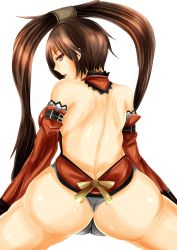 Rule 34 | 1girl, arc system works, ass, back, backboob, bare shoulders, black panties, breasts, brown eyes, brown hair, butt crack, chinese clothes, come hither, detached collar, detached sleeves, dimples of venus, female focus, from behind, guilty gear, guilty gear xrd, guilty gear xrd: revelator, hair ornament, highres, huge ass, kuradoberi jam, large breasts, long hair, looking back, naughty face, open mouth, panties, parted lips, seductive smile, shiny clothes, shiny skin, simple background, smile, solo, super oniko, underwear, very long hair