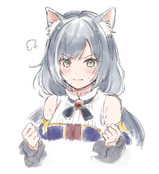 Rule 34 | 1girl, puff of air, animal ear fluff, animal ears, blush, cat ears, clenched hands, gem, green eyes, high collar, highres, karyl (princess connect!), konayama kata, low twintails, portrait, princess connect!, simple background, solo, twintails, wavy mouth, white background