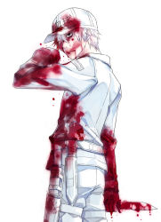 Rule 34 | 10s, 1boy, blood, blood on clothes, blood on face, bloody knife, cowboy shot, from behind, hair between eyes, hair over one eye, hat, hataraku saibou, holding, holding knife, jacket, knife, male focus, nagiayase, pants, silver hair, simple background, solo, standing, u-1146, uniform, white background, white blood cell (hataraku saibou), white hat, white jacket, white pants
