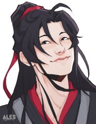 Rule 34 | 1boy, ales, artist logo, bishounen, black eyes, black hair, black hanfu, black robe, chinese clothes, closed mouth, hair ribbon, hanfu, head tilt, high ponytail, highres, layered clothes, long hair, looking at viewer, male focus, modao zushi, parted bangs, ponytail, portrait, red ribbon, red robe, ribbon, robe, simple background, smile, solo, wei wuxian, white background