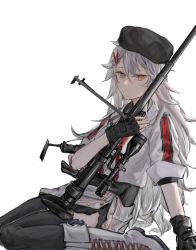 Rule 34 | 1girl, anti-materiel rifle, black gloves, black hat, black shirt, black thighhighs, bolo tie, boots, collared shirt, commentary request, fingerless gloves, gepard m1, gepard m1 (girls&#039; frontline), girls&#039; frontline, gloves, gun, hair between eyes, hair ornament, hairclip, hat, jacket, long hair, messy hair, qiujiao, rifle, shirt, sitting, sleeves rolled up, sniper rifle, solo, thighhighs, weapon, white background, white footwear, white hair, white jacket, yellow eyes