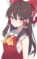 Rule 34 | 1girl, ascot, blush, bow, brown hair, closed mouth, e.o., hair between eyes, hair bow, hair tubes, hakurei reimu, highres, japanese clothes, long hair, looking at viewer, nontraditional miko, red bow, red eyes, sidelocks, simple background, solo, touhou, upper body, white background, yellow ascot