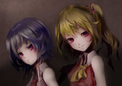 Rule 34 | 2girls, adapted costume, alternate costume, ascot, blonde hair, flandre scarlet, gradient background, grin, hair ornament, looking at viewer, multiple girls, no headwear, parted lips, purple hair, red eyes, remilia scarlet, short hair, side ponytail, simple background, smile, touhou, yutapon