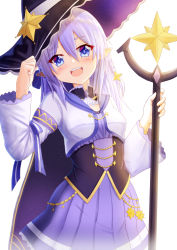 Rule 34 | 1girl, :d, black cape, black hat, blue dress, blue eyes, blue hair, blue sailor collar, blush, braid, breasts, cape, commentary, commission, dress, english commentary, hair between eyes, hand on headwear, hand up, hat, highres, holding, holding staff, indie virtual youtuber, jacket, long hair, long sleeves, looking at viewer, open mouth, pleated dress, pointy ears, prophosphere, rhea corey, sailor collar, simple background, small breasts, smile, solo, staff, thick eyebrows, virtual youtuber, white background, white jacket, wide sleeves, witch hat