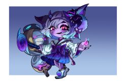 Rule 34 | 1girl, :d, absurdres, animal ear fluff, beseunaj-jamjaneun gemdol-i, black nails, blush, border, bow, colored skin, commentary request, fang, gradient background, green hair, grey hair, highres, holding, japanese clothes, kimono, league of legends, long sleeves, mask, medium hair, nail polish, open mouth, pink eyes, pink skin, purple bow, ribbon-trimmed sleeves, ribbon trim, shoes, smile, solo, spirit blossom tristana, standing, teeth, tristana, upper teeth only, white border, wide sleeves