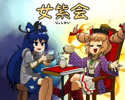 Rule 34 | 2girls, blue eyes, blue hair, blush, boots, brown hair, chair, closed eyes, crack, crossed legs, cup, drill hair, hat, holding, holding cup, jewelry, long hair, multiple girls, ninniku (ninnniku105), open mouth, ring, siblings, sisters, sitting, stool, stuffed animal, stuffed toy, teacup, top hat, touhou, translation request, twin drills, two-handed, very long hair, yorigami jo&#039;on, yorigami shion