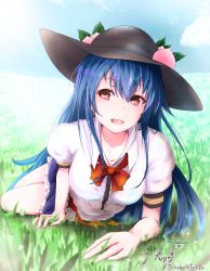 Rule 34 | 1girl, :d, baileys (tranquillity650), black hat, blouse, blue hair, blue skirt, blue sky, bow, bowtie, day, food, fruit, grass, hat, highres, hinanawi tenshi, long hair, looking at viewer, lying, on stomach, open mouth, outdoors, peach, puffy short sleeves, puffy sleeves, red bow, red bowtie, red eyes, shirt, short sleeves, signature, skirt, sky, smile, solo, touhou, white shirt