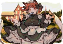 Rule 34 | 1girl, alternate costume, animal ears, black bow, black dress, blush, bow, braid, breasts, cat ears, cat tail, commentary request, cowboy shot, day, dress, earrings, enmaided, extra ears, fish, hair bow, highres, jewelry, kaenbyou rin, large breasts, long hair, looking at viewer, maid, maid headdress, mouth hold, multiple tails, nail polish, nekomata, outdoors, paw pose, petticoat, red eyes, red hair, red nails, solo, tail, thighhighs, touhou, twin braids, two tails, white thighhighs, yamazaki tsukune
