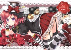Rule 34 | 10s, 1girl, bow, checkerboard cookie, checkered clothes, checkered headwear, circle name, cookie, cup, elbow gloves, fingerless gloves, flower, food, fork, frilled skirt, frills, garter straps, gloves, happy birthday, hat, hat bow, key, looking at viewer, love live!, love live! school idol festival, love live! school idol project, nishikino maki, plaid, plaid skirt, purple eyes, red flower, red hair, red rose, rose, sakurai makoto (custom size), shirt, shoes, skirt, solo, spoon, striped clothes, striped thighhighs, tag, teacup, thighhighs