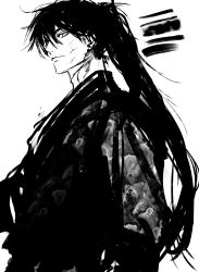 Rule 34 | 1boy, brush stroke, closed mouth, greyscale, haban (haban35), hair between eyes, highres, japanese clothes, kimono, long hair, male focus, monochrome, original, patterned, patterned clothing, ponytail, simple background, smile, solo, white background