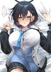 Rule 34 | 1girl, absurdres, black skirt, blue archive, blue hair, blush, breasts, chihiro (blue archive), glasses, green-framed eyewear, green eyes, hair ornament, halo, highres, large breasts, long sleeves, looking at viewer, necktie, shirt, short hair, skirt, solo, vent vert (kuuya), watch, wristwatch