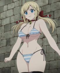 1girl absurdres bikini blonde_hair blue_eyes blush breasts choker cleavage curvy hair_ribbon highres jewelry large_breasts legs low_twintails navel necklace ribbon side-tie_bikini_bottom solo stitched striped_bikini striped_clothes swimsuit thick_thighs thighs third-party_edit twintails wide_hips yuna_yunis yuusha_ga_shinda!