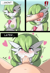 Rule 34 | !, !!, 1girl, absurdres, blush, bob cut, breasts, cheek bulge, collarbone, colored skin, creatures (company), cum, cum in mouth, drooling, english text, erection, fellatio, game freak, gardevoir, gen 3 pokemon, green hair, green skin, hair between eyes, heart, hetero, highres, ik17, interspecies, large breasts, large penis, looking at viewer, looking up, mouth drool, multicolored skin, multiple views, nintendo, nipples, nose blush, open mouth, oral, penis, penis on face, penis over eyes, pokemon, pokemon (creature), pov, red eyes, shiny skin, short hair, standing, straight-on, talking, trembling, two-tone skin, uncensored, upper body, veins, veiny penis, white skin