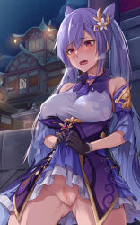 Rule 34 | 1girl, bare shoulders, blush, braid, breasts, censored, clothes lift, cowboy shot, detached sleeves, double bun, dress, dress lift, genshin impact, gloves, gluteal fold, hair bun, hair ornament, hiruno, keqing (genshin impact), large breasts, mosaic censoring, open mouth, outdoors, purple eyes, purple gloves, purple hair, pussy, pussy juice, solo