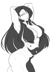 Rule 34 | 1girl, black hair, breasts, cleavage, covered erect nipples, female seth (street fighter), hair over one eye, legs, long hair, monochrome, muscular, muscular female, seth (street fighter), solo, street fighter, street fighter v, wide hips
