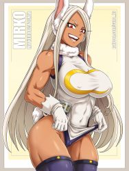 Rule 34 | 1girl, animal ears, bare shoulders, boku no hero academia, breasts, character name, cleft of venus, copyright name, covered erect nipples, covered navel, cowboy shot, dark-skinned female, dark skin, gloves, grey hair, heattech leotard, highres, large breasts, leotard, long hair, looking at viewer, mirko, muscular, muscular female, open mouth, patreon username, rabbit ears, rabbit girl, rabbit tail, red eyes, sano br, sleeveless, solo, tail, teeth, thighhighs, tongue, turtleneck, very long hair