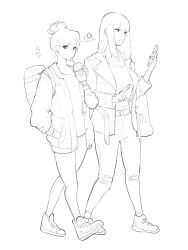 Rule 34 | 2girls, bag, black eyes, blunt bangs, breasts, cellphone, commentary, cup, denim, disposable cup, drinking, drinking straw, english commentary, female focus, full body, greyscale, highres, holding, holding cup, holding phone, jacket, jeans, long hair, long sleeves, looking at viewer, lynus, monochrome, multiple girls, open clothes, open jacket, open mouth, original, pants, parted bangs, phone, shoes, shoulder bag, simple background, sketch, smartphone, sneakers, torn clothes, torn jeans, torn pants, walking, white background