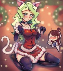 Rule 34 | 2girls, absurdres, animal ears, bare shoulders, bell, black gloves, black legwear, blonde hair, blue eyes, blush, brown hair, cat ears, cat girl, cat tail, choker, christmas, christmas ornaments, closed eyes, closed mouth, collared shirt, diana cavendish, dress, elbow gloves, full body, fur trim, garter straps, gloves, green hair, highres, indoors, jingle bell, kagari atsuko, little witch academia, long hair, looking to the side, multicolored hair, multiple girls, neck bell, paw pose, pout, red dress, santa dress, school uniform, seiza, shirt, short ponytail, sitting, smile, tail, thighhighs, thumbs up, toasty scones, two-tone hair, whiskers