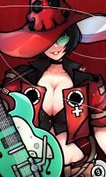 Rule 34 | 1girl, belt, black choker, black shirt, breasts, bursting breasts, choker, cleavage, collarbone, commentary, cropped jacket, cropped shirt, electric guitar, english commentary, ginseng (xin), green-tinted eyewear, green-tinted glasses, grin, guilty gear, guilty gear strive, guitar, hat, hat over one eye, highres, huge breasts, i-no, instrument, jacket, lips, lipstick, looking at viewer, makeup, midriff, mole, mole above mouth, narrow waist, one eye covered, partially unbuttoned, popped collar, red background, red hat, red jacket, rimless eyewear, shirt, short hair, smile, solo, string, sunglasses, tinted eyewear, upper body, witch hat