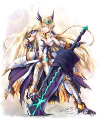 Rule 34 | 1girl, alternate costume, blonde hair, breasts, chest jewel, greatsword, highres, holding, holding sword, holding weapon, huge weapon, large breasts, long hair, monster hunter (series), mythra (xenoblade), shagaru magala (armor), simple background, sofusan1526, solo, swept bangs, sword, very long hair, weapon, white background, xenoblade chronicles (series), xenoblade chronicles 2, yellow eyes