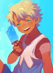 Rule 34 | 1boy, artist name, bishounen, blue background, blue eyes, blue shorts, commentary, food, highres, holding, holding food, male focus, original, popsicle, shirt, shorts, simple background, smile, solo, sweat, symbol-only commentary, teeth, tetsu (teppei), upper body, upper teeth only, white hair, white shirt