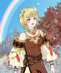 Rule 34 | 1girl, bare shoulders, blonde hair, breasts, citrinne (fire emblem), earrings, feather hair ornament, feathers, fire emblem, fire emblem engage, gold, hair ornament, hairclip, highres, hoop earrings, jewelry, marie dqx, medium breasts, nintendo, open mouth, rainbow