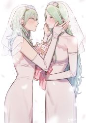 Rule 34 | 2girls, blush, bouquet, breasts, bridal gauntlets, bridal veil, byleth (female) (fire emblem), byleth (fire emblem), closed mouth, dress, elbow gloves, eye contact, female focus, fire emblem, fire emblem: three houses, flower, from side, gloves, green eyes, green hair, hair between eyes, highres, holding, holding bouquet, ikarin, lily (flower), long hair, looking at another, matching hair/eyes, multiple girls, nintendo, parted lips, petals, pointy ears, profile, rhea (fire emblem), signature, simple background, smile, strapless, strapless dress, tears, veil, very long hair, wedding, wedding dress, white background, white dress, white flower, white gloves, wife and wife, yuri