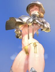 1girl absurdres armor bikini blonde_hair blue_sky breasts closed_eyes cowboy_shot female_pubic_hair helmet highres original plate_armor pubic_hair pubic_hair_peek sky smile solo swimsuit underboob wass_nonnam yellow_bikini