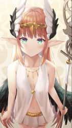 Rule 34 | 1girl, bare shoulders, blush, bracelet, breasts, circe (fate), collarbone, commentary request, fate/grand order, fate (series), feathered wings, from above, head wings, highres, hiyoko (kokeko), holding, holding staff, jewelry, long hair, looking at viewer, navel, necklace, no bra, pink hair, pointy ears, skirt, small breasts, smile, solo, staff, wings