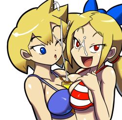 Rule 34 | 2girls, bikini, bikini top only, blonde hair, blue eyes, bow, breast press, breasts, cleavage, cum, extra, facial, hair bow, long hair, lotion, lotion bottle, low twintails, multiple girls, one eye closed, open mouth, red eyes, sexually suggestive, shantae (series), shantae and the pirate&#039;s curse, short hair, slow anon, smile, suggestive fluid, swimsuit, symmetrical docking, transparent background, twintails, twitch (shantae), vinegar (shantae), wayforward