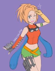 Rule 34 | 1girl, blonde hair, breasts, dated, final fantasy, final fantasy x, fingerless gloves, gloves, goggles, green eyes, highres, looking at viewer, medium breasts, medium hair, navel, one eye closed, open mouth, rikku (ff10), shorts, simple background, smile, solo, tokima