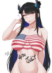 1girl absurdres american_flag asymmetrical_horns black_hair blue_hair bodypaint breasts colored_inner_hair commentary demon_horns flower fourth_of_july highres hololive hololive_english horn_flower horns large_breasts long_hair looking_at_viewer mole mole_under_eye multicolored_hair myth1carts nerissa_ravencroft nipples nude red_eyes simple_background solo two-tone_hair uneven_horns virtual_youtuber white_background