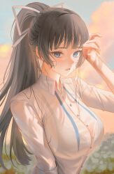 Rule 34 | 1girl, absurdres, black hair, blue eyes, blurry, blurry background, blush, bra, breasts, buttons, collared shirt, hair ribbon, high ponytail, highres, large breasts, light, long hair, looking at viewer, myabit, original, outdoors, parted lips, ponytail, ribbon, see-through, shirt, sky, solo, sunset, underwear, upper body, wet, wet clothes, wet shirt, white ribbon, white shirt