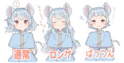 Rule 34 | ?, alternate hairstyle, animal ears, blunt bangs, capelet, commentary request, highres, long hair, mouse ears, mouse tail, nazrin, partially translated, red eyes, semimaru (user zzuy5884), short hair, silver hair, skirt, spoken question mark, tail, touhou, translation request, wavy hair