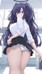 Rule 34 | 1girl, absurdres, black skirt, blue archive, blush, closed mouth, collared shirt, cowboy shot, halo, highres, long hair, long sleeves, looking at viewer, looking back, mechanical halo, panties, pleated skirt, purple eyes, purple hair, shirt, skirt, solo, two side up, underwear, white panties, white shirt, yuuka (blue archive), zeatto
