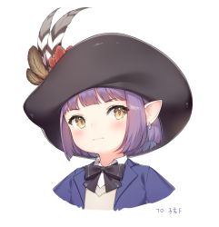 Rule 34 | 1girl, warrior of light (ff14), ayuanlv, black bow, black headwear, blue jacket, blush, bow, brown eyes, brown feathers, closed mouth, collared shirt, commentary request, cropped torso, earrings, feathers, final fantasy, final fantasy xiv, hat feather, jacket, jewelry, lalafell, open clothes, open jacket, pointy ears, purple hair, shirt, short hair, simple background, solo, sweater vest, upper body, white background, white shirt