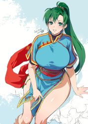Rule 34 | 1girl, breasts, commission, dress, earrings, fire emblem, fire emblem: the blazing blade, green eyes, green hair, high ponytail, highres, jewelry, large breasts, long hair, looking at viewer, lyn (fire emblem), nintendo, pixiv commission, ponytail, scarf, sitting, solo, thighs, yajiro masaru
